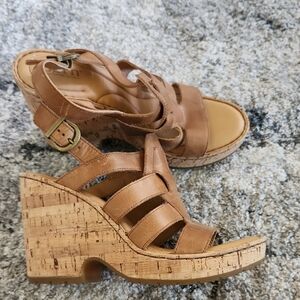 Born Tan Strappy Wedge Sandals with Cork Heel, Size 9